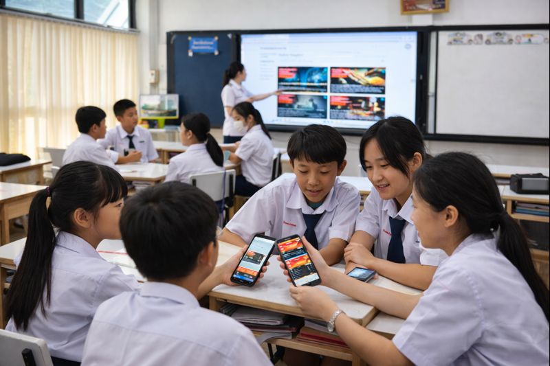 Group of students using Reading Advantage platform on tablets in collaborative learning session