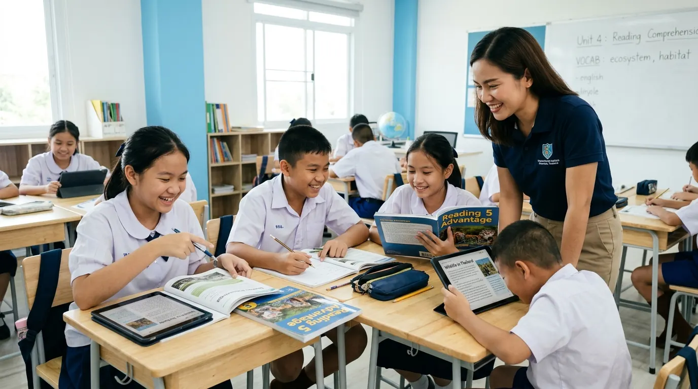 A teacher at the board while students work from printed workbooks and tablets.